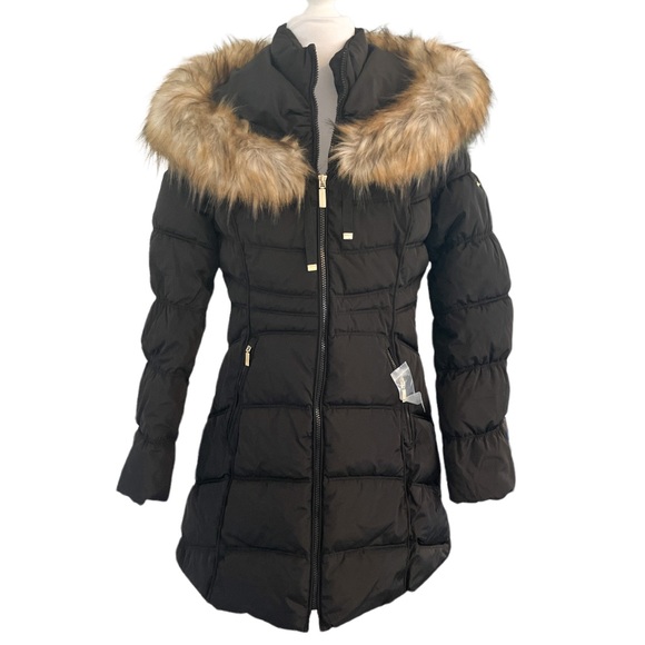 LAUNDRY BY SHELLI SEGAL Faux Fur Hooded Puffer Jacket Black - Small - Picture 3 of 4